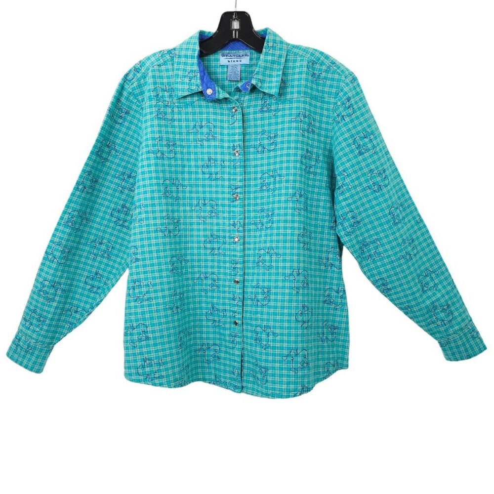 Wrangler Blues Pearl Snap Western Shirt Womens Size L Long Sleeve Rodeo Bronco